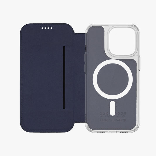 Schlankes iPhone 15 Pro MagSafe Leder-Klappcover mit transparenter Hülle