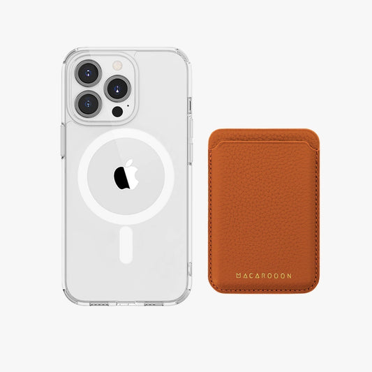 Ensemble étui transparent HD pour iPhone 15 avec portefeuille MagSafe en cuir
