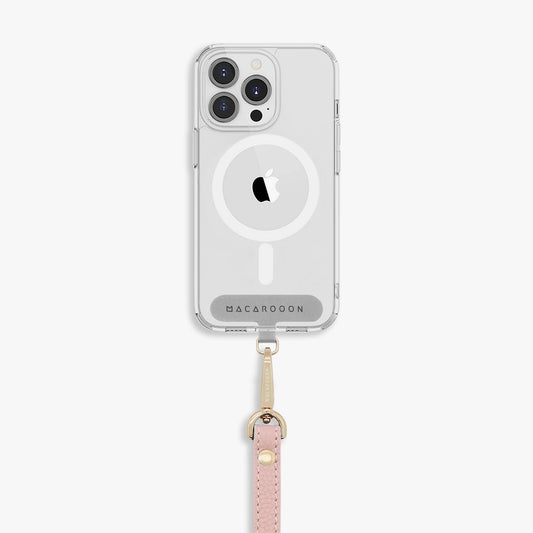 Coque transparente pour iPhone 15 avec dragonne en cuir